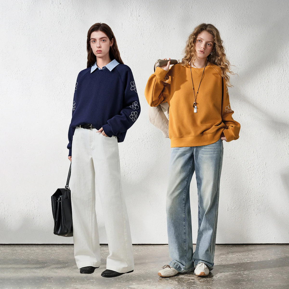 Floral-Sleeve Collared Sweatshirt