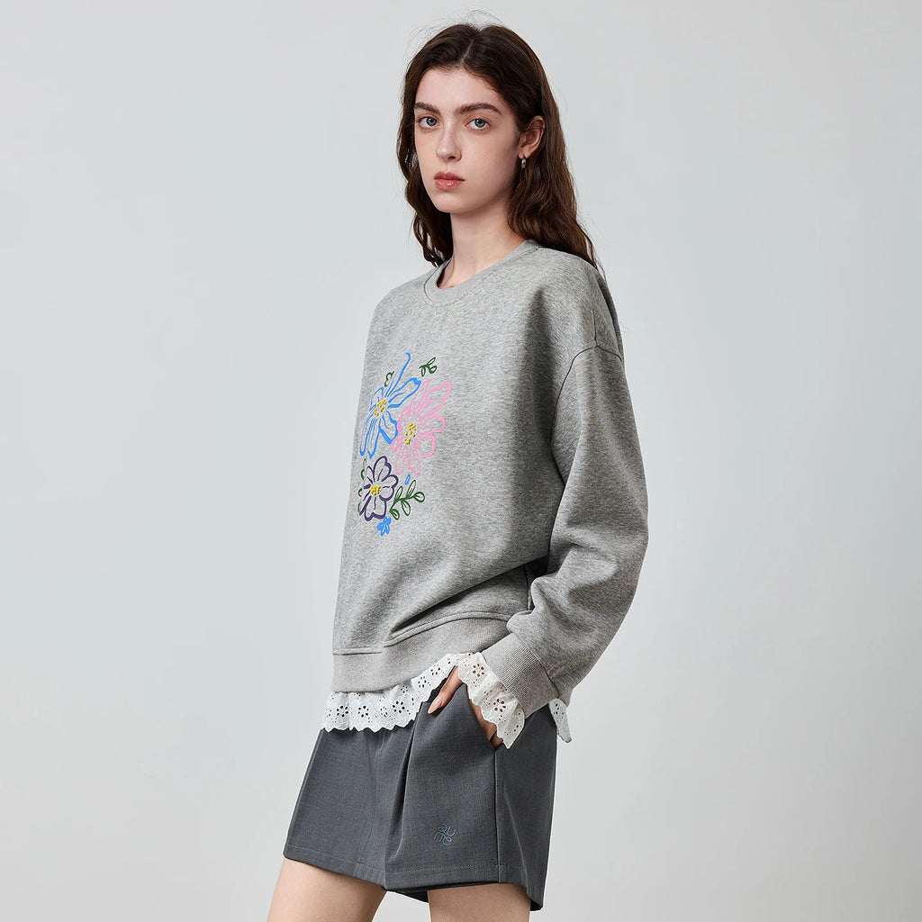 Floral Graphic Lace-Trim Sweatshirt