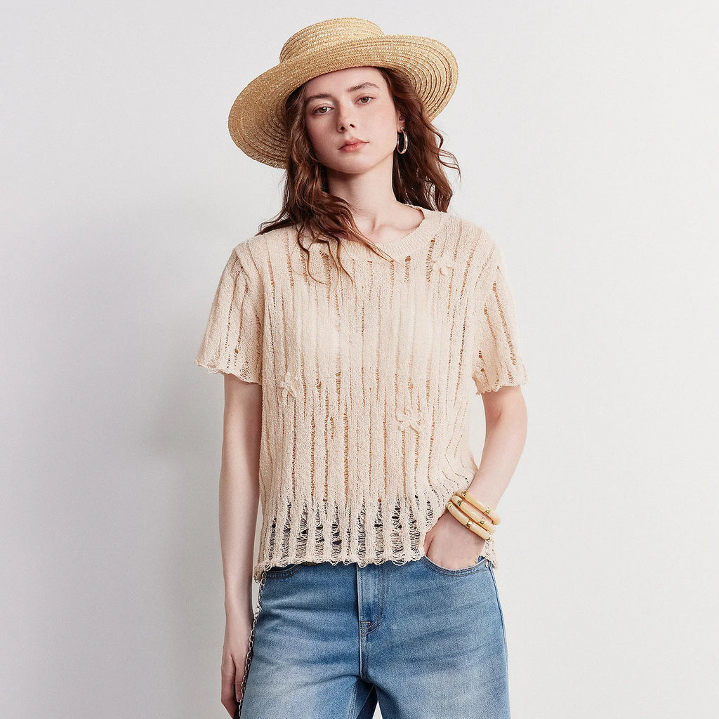 Openwork Short-Sleeve Knit Top
