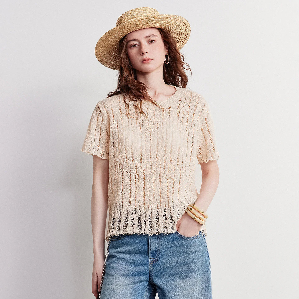 Openwork Short-Sleeve Knit Top