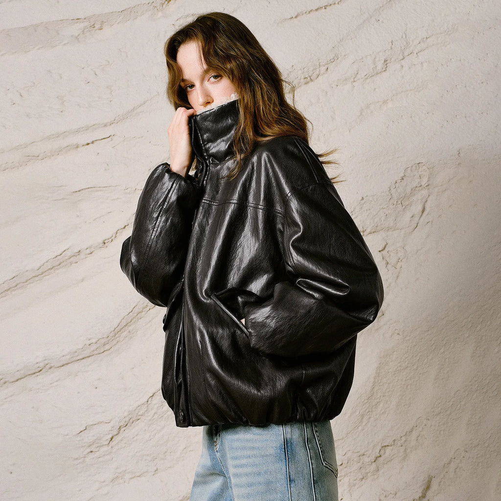 Textured-Collar Glossy Zip Jacket
