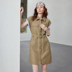 Contrast-Trim Belted Shirt Dress