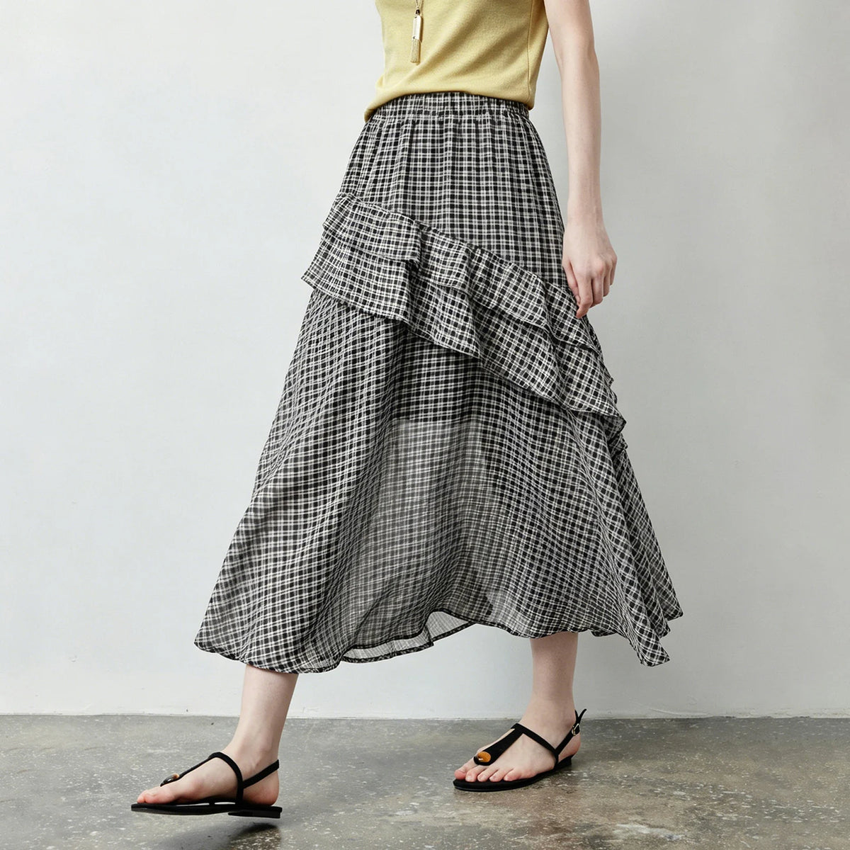 Gingham Tiered-Ruffle Midi Skirt