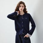 Plaid-Cuff Crewneck Cardigan