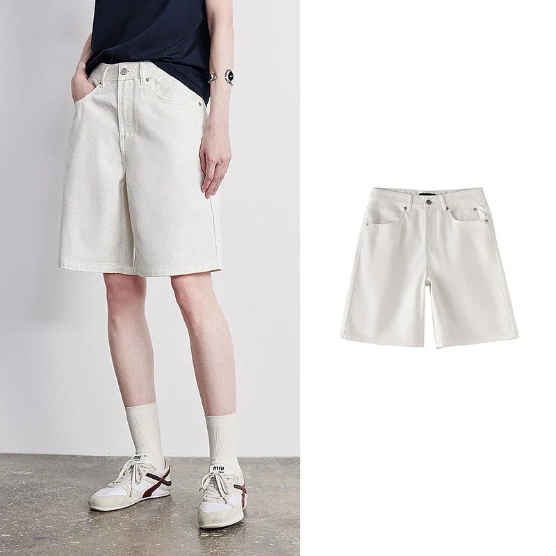 Wide-Leg Denim Bermuda Shorts
