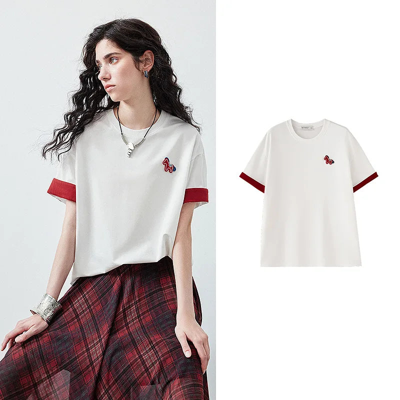 Contrast-Cuff Horse-Detail Tee