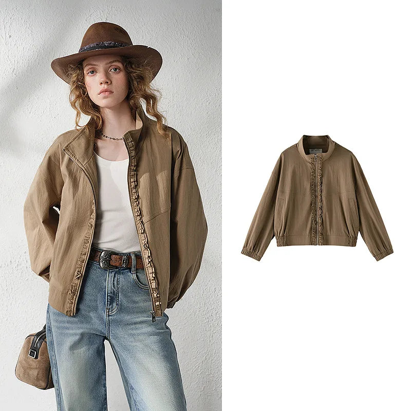 Ruffle-Trim Zip-Up Jacket