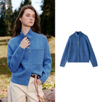 Contrast-Button Stand-Collar Cardigan