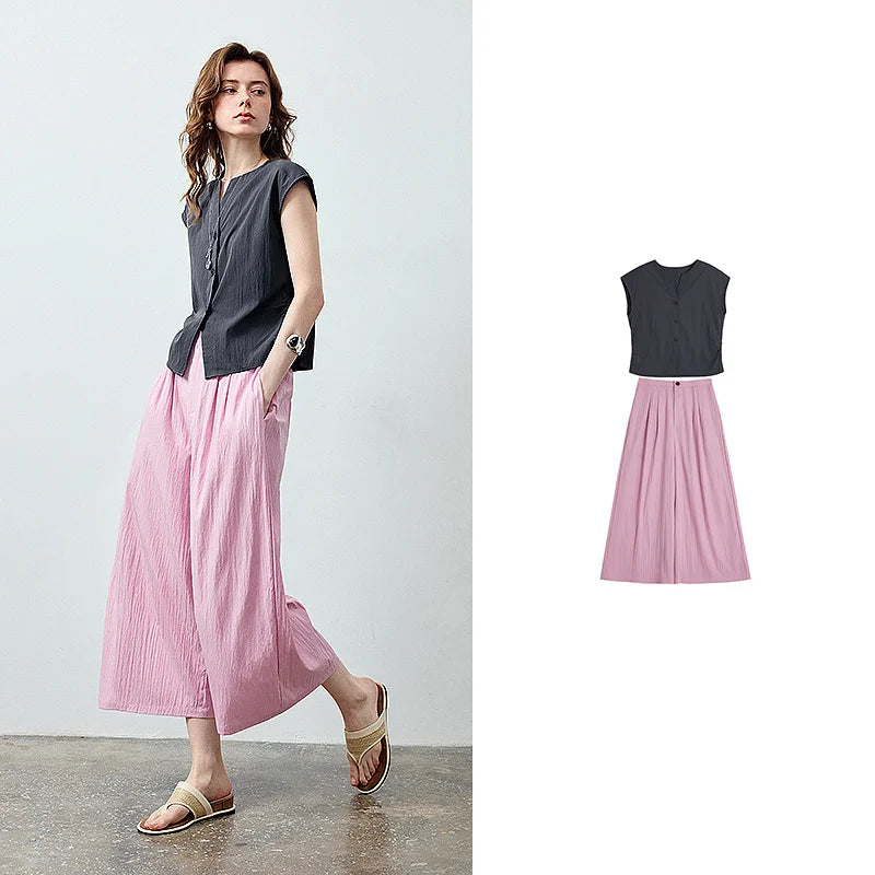 Sleeveless Shirt and Wide-Leg Pants Set
