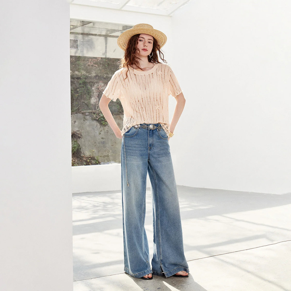 Openwork Short-Sleeve Knit Top