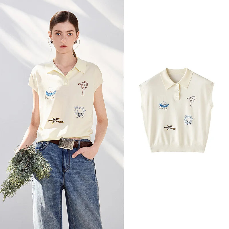 Motif-Detail Sleeveless Collared Top