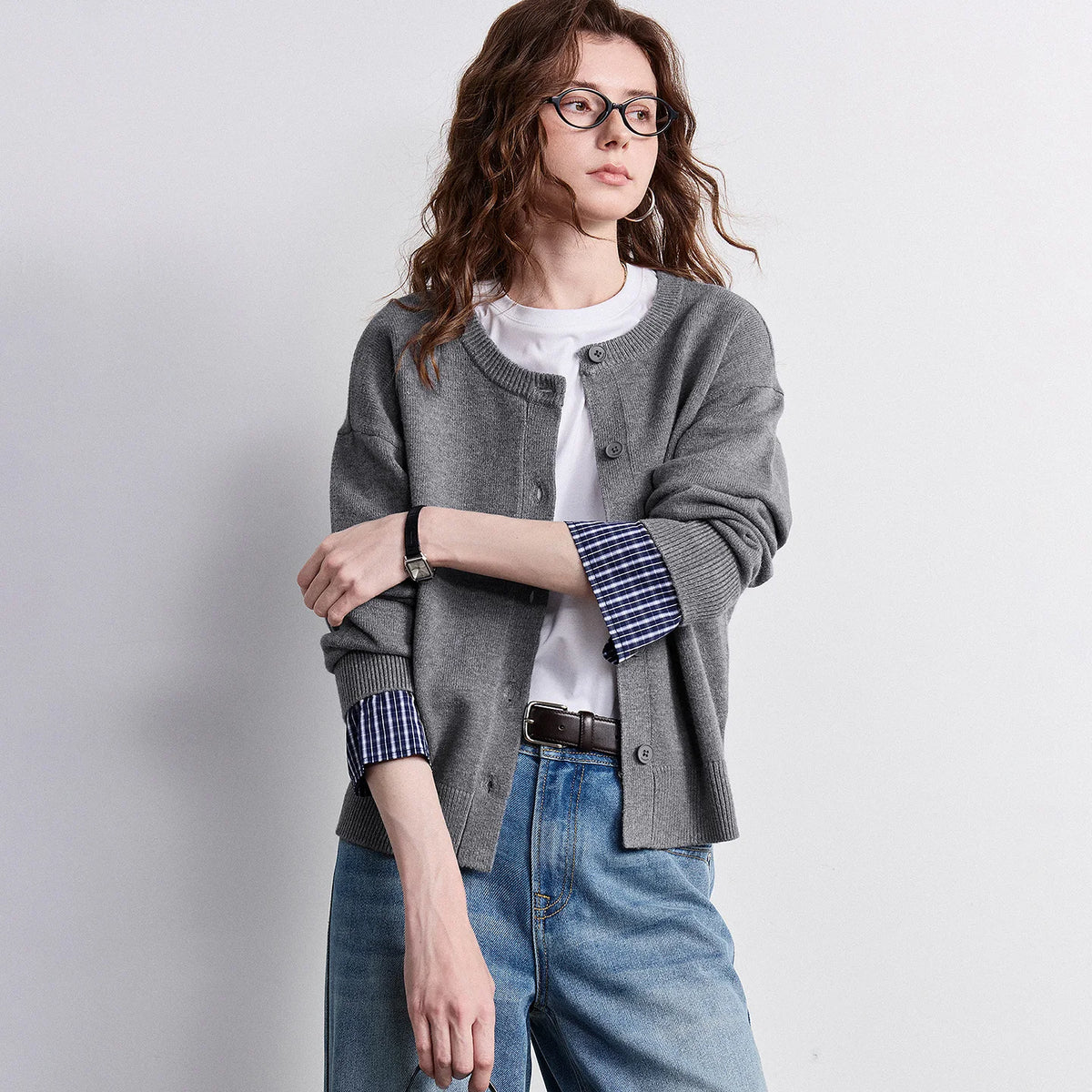 Plaid-Trim Crewneck Cardigan