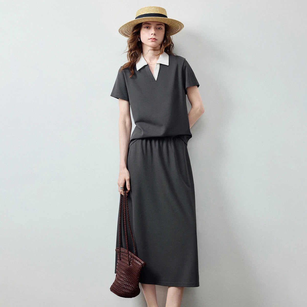Polo Top and Midi Skirt Set