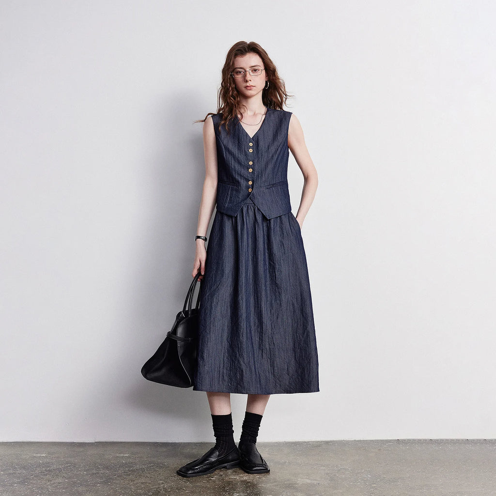 Button-Front Vest and Midi Skirt Set
