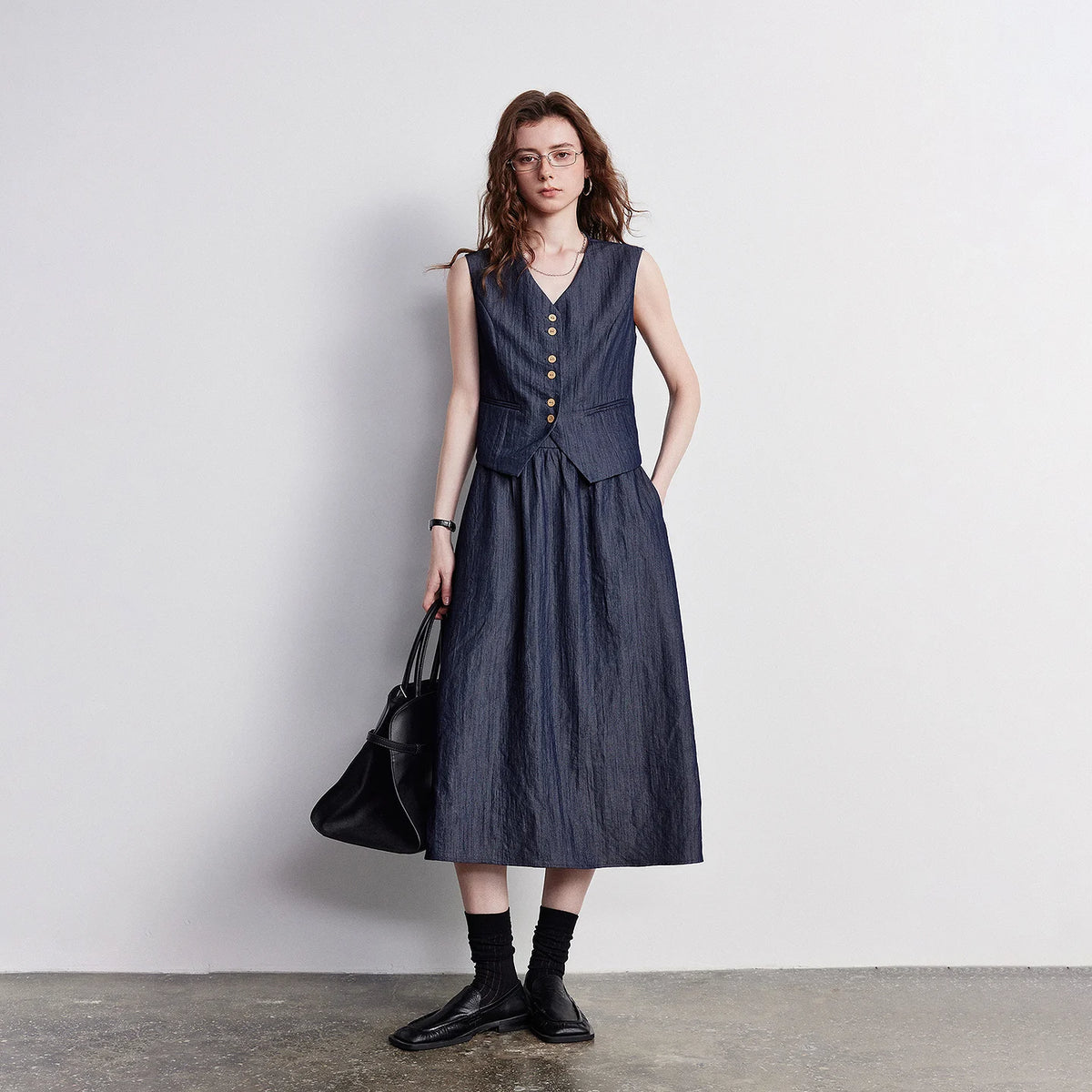 Button-Front Vest and Midi Skirt Set