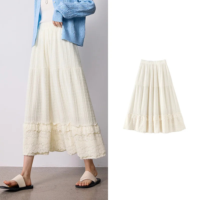 Lace-Trim A-Line Midi Skirt