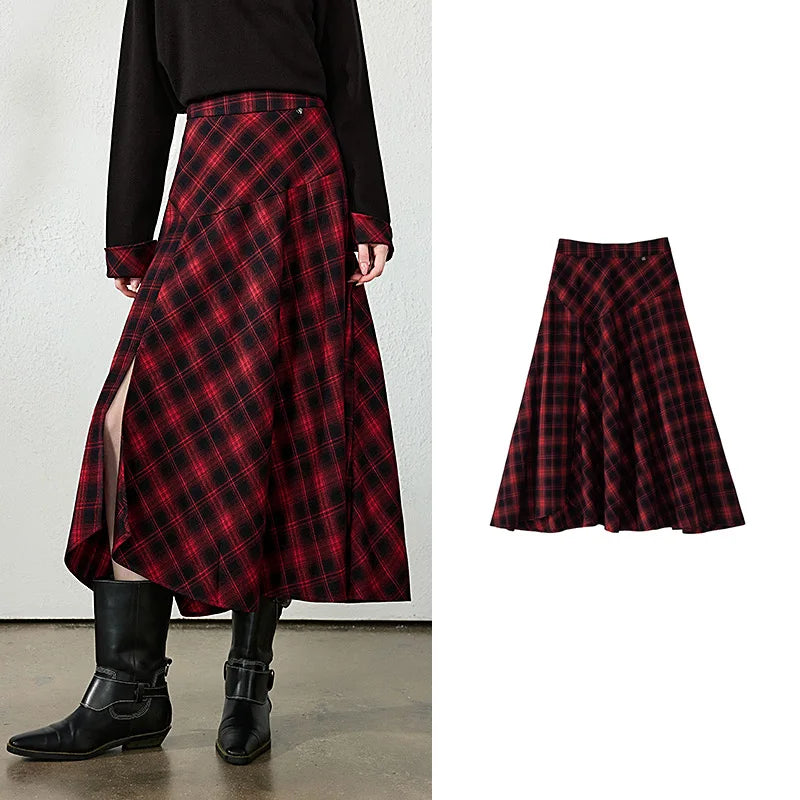 Asymmetric Plaid Midi Skirt