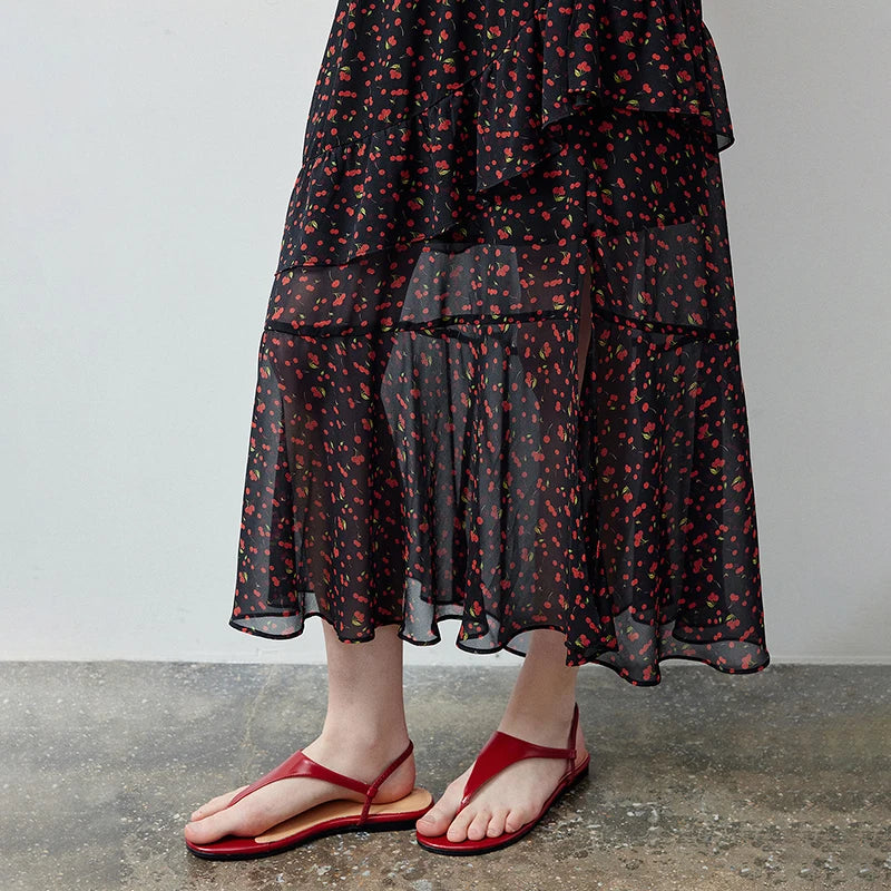 Floral Ruffle-Hem Midi Skirt