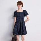 Plaid Puff-Sleeve Mini Dress