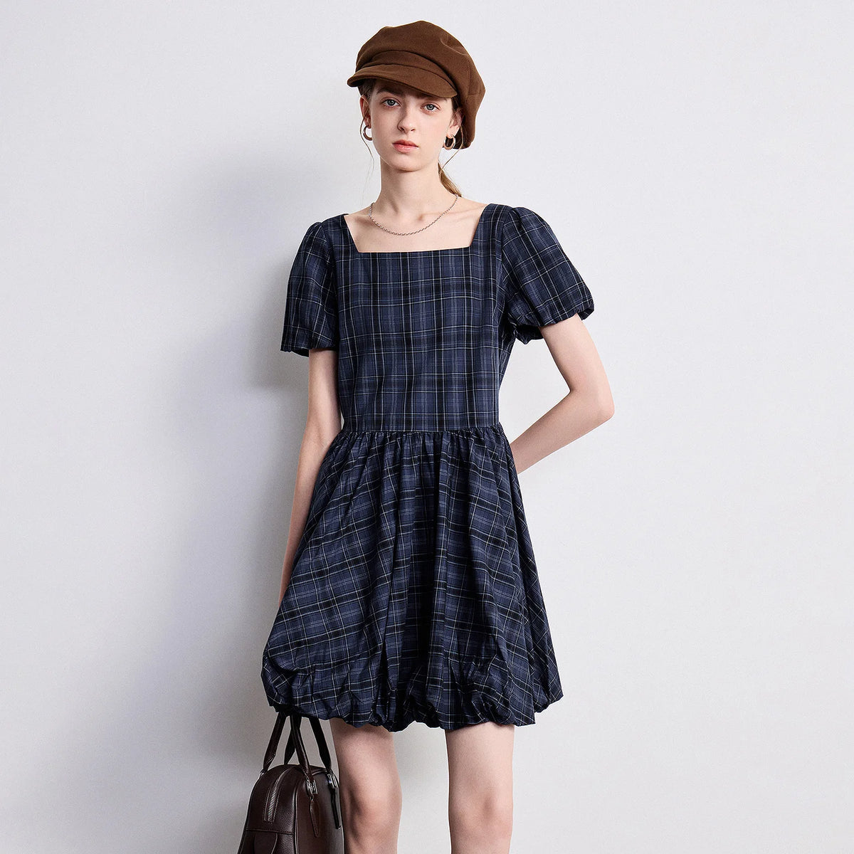 Plaid Puff-Sleeve Mini Dress
