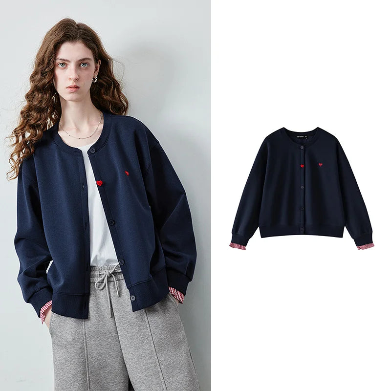 Heart-Motif Button-Front Sweatshirt