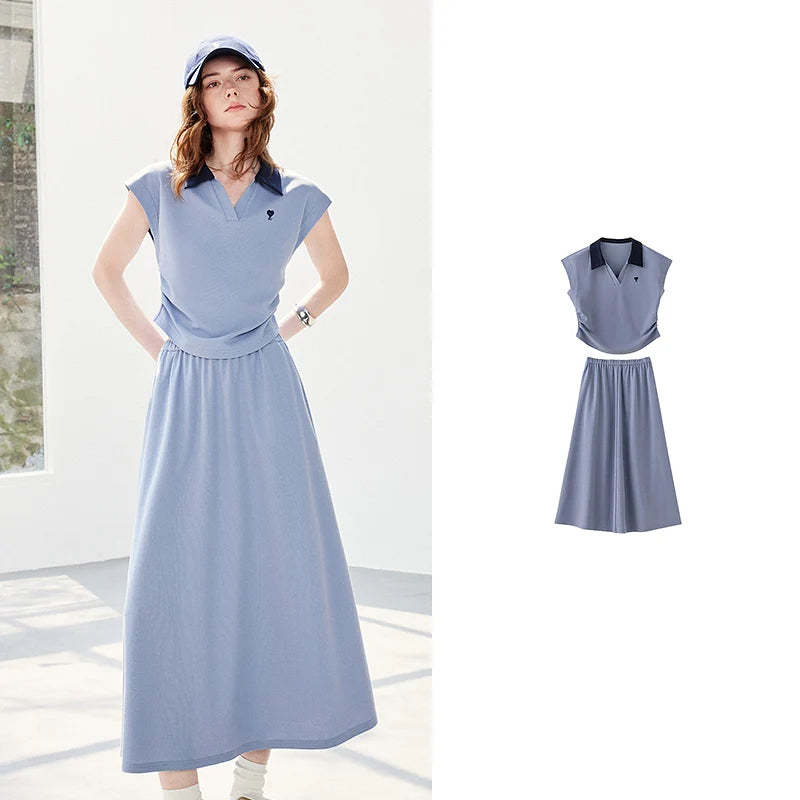 Polo Top and Midi Skirt Set