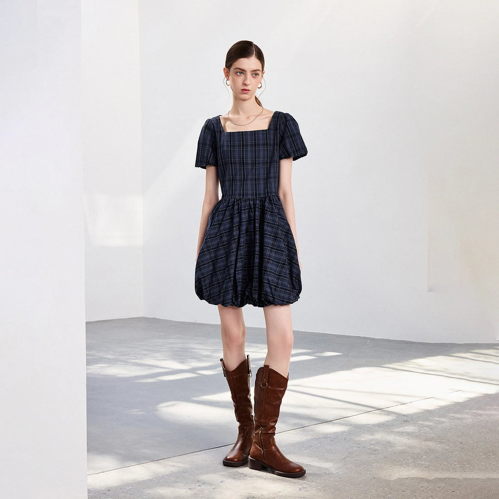 Plaid Puff-Sleeve Mini Dress