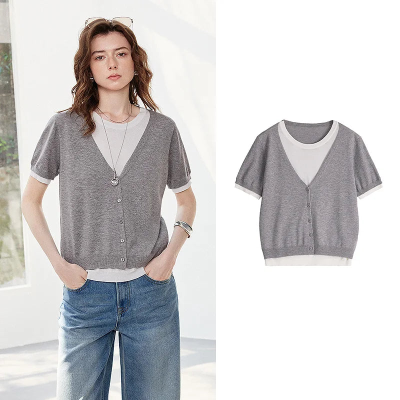 Layered-Look Short-Sleeve Knit Top