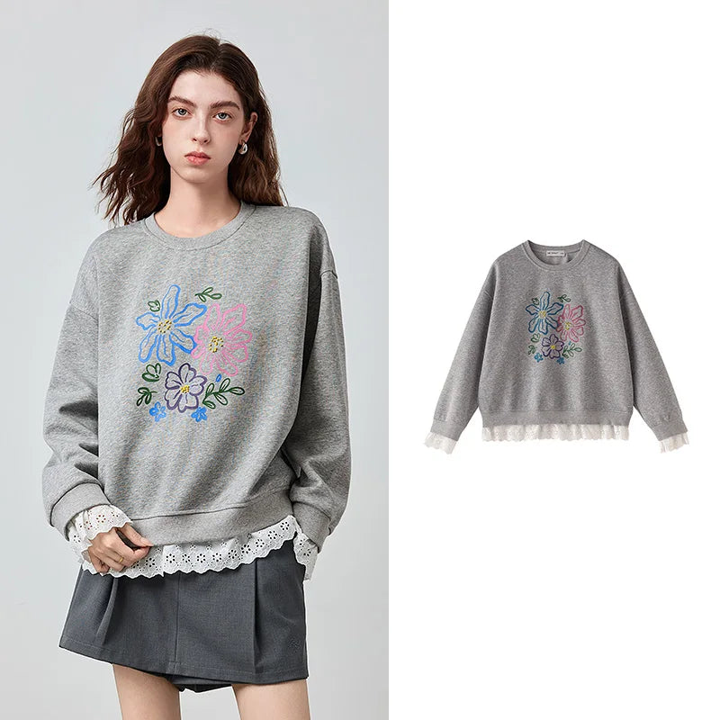 Floral Graphic Lace-Trim Sweatshirt