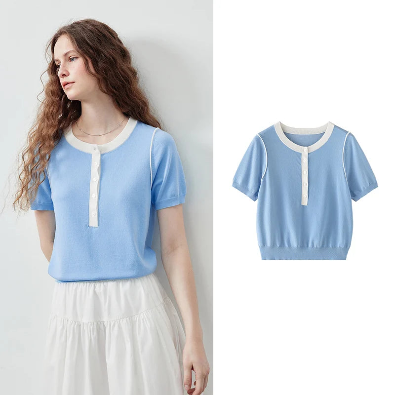 Contrast-Trim Henley Knit Top