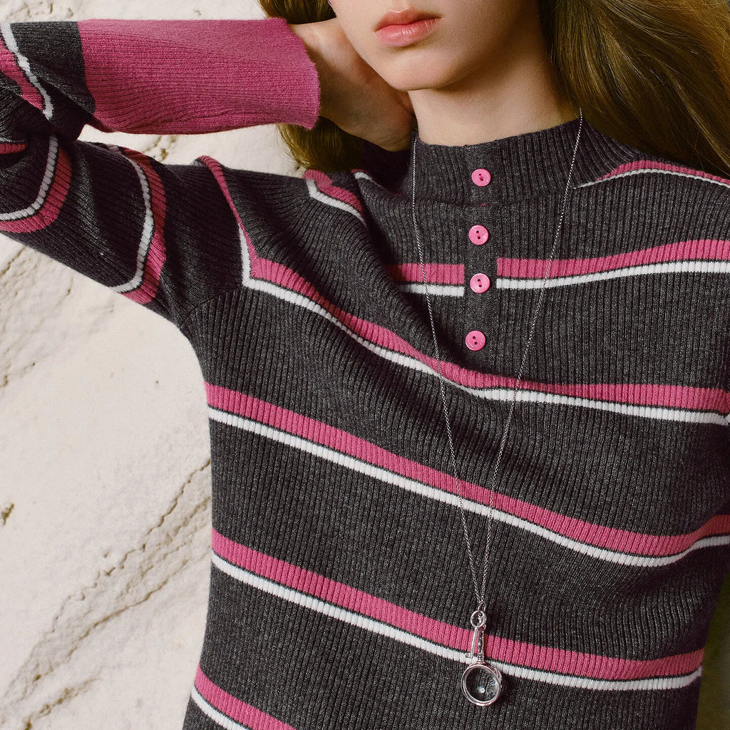 Striped Button-Neck Sweater