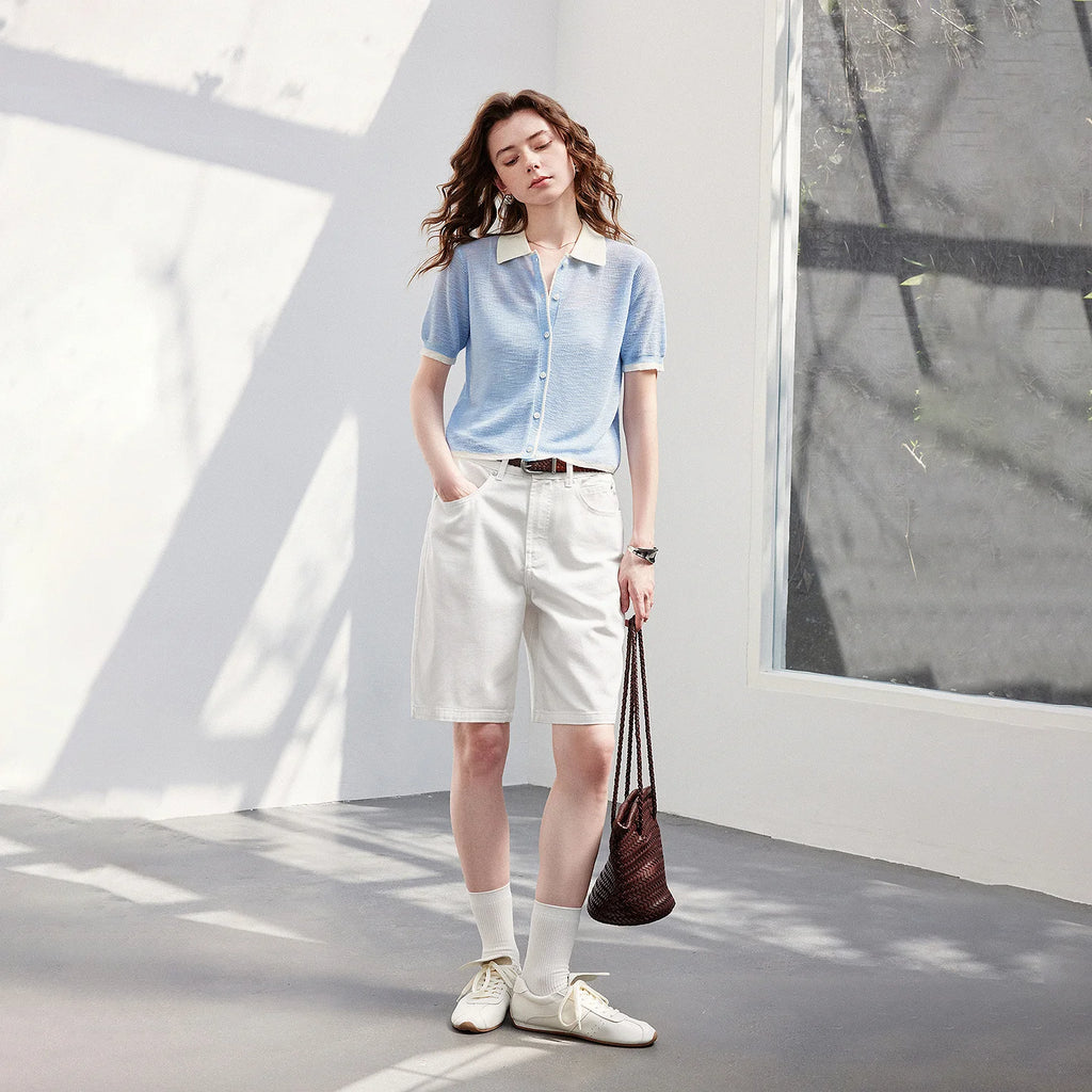 Contrast-Trim Short-Sleeve Knit Cardigan