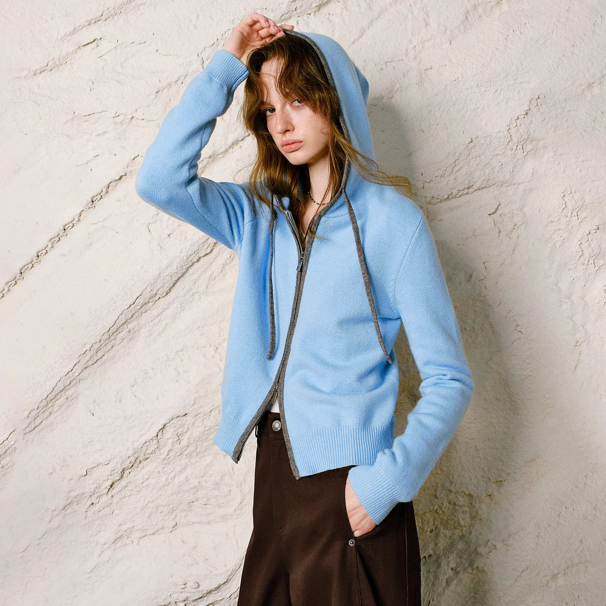 Contrast-Drawstring Hooded Cardigan