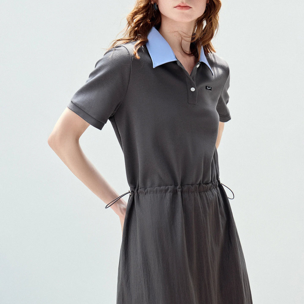 Contrast-Collar Drawstring Midi Dress