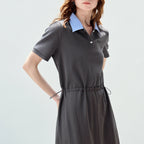 Contrast-Collar Drawstring Midi Dress