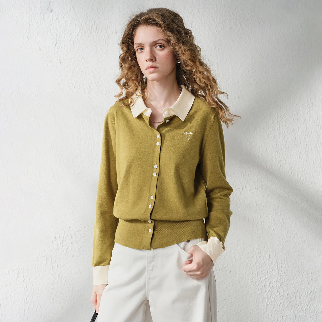 Contrast-Collar Button-Up Knit Cardigan