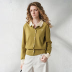 Contrast-Collar Button-Up Knit Cardigan