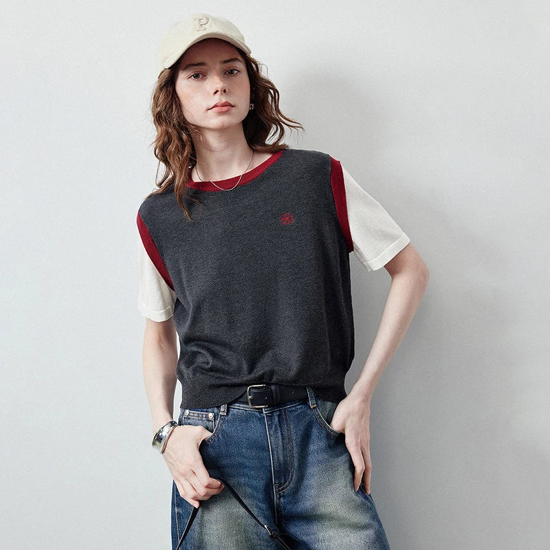 Layered-Look Contrast-Trim Knit Tee