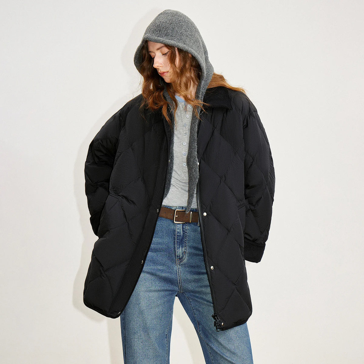 Diamond-Quilted Contrast-Collar Jacket