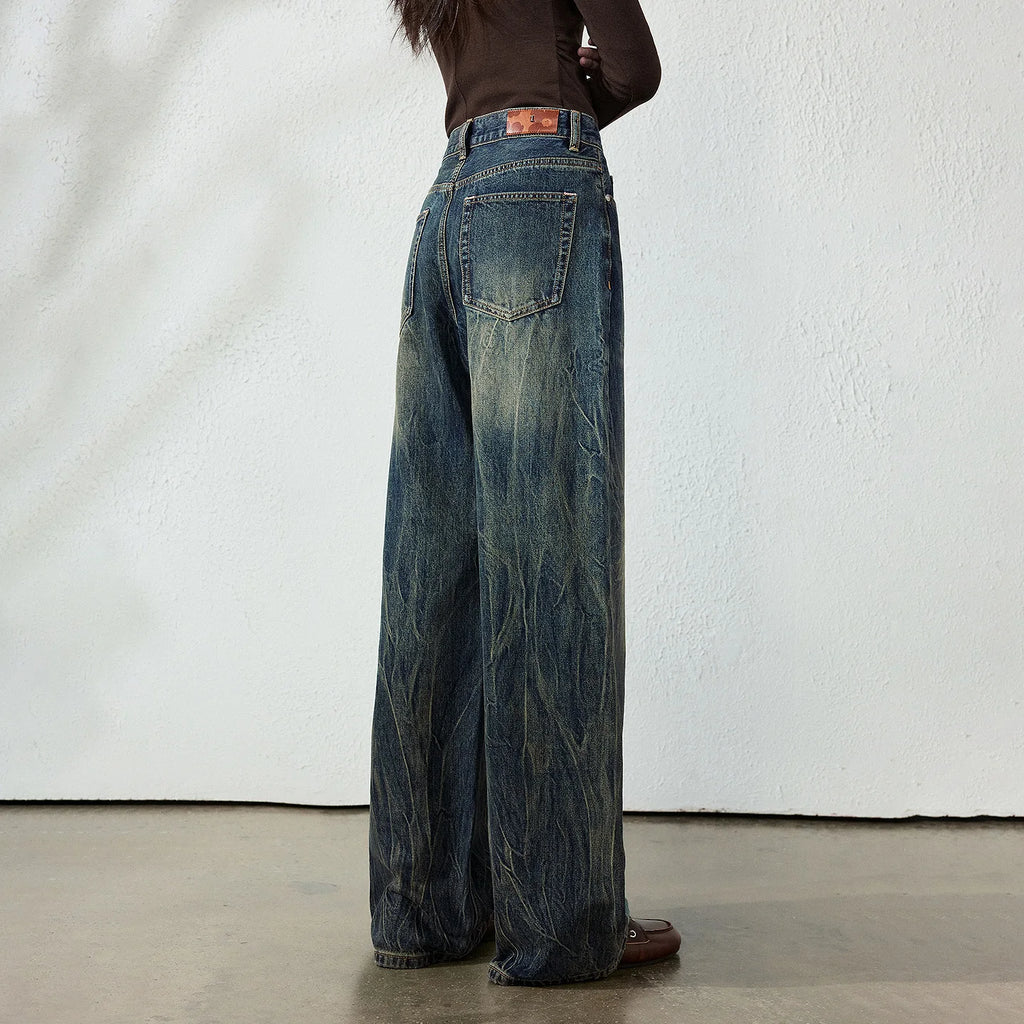 Crackled-Wash Wide-Leg Jeans