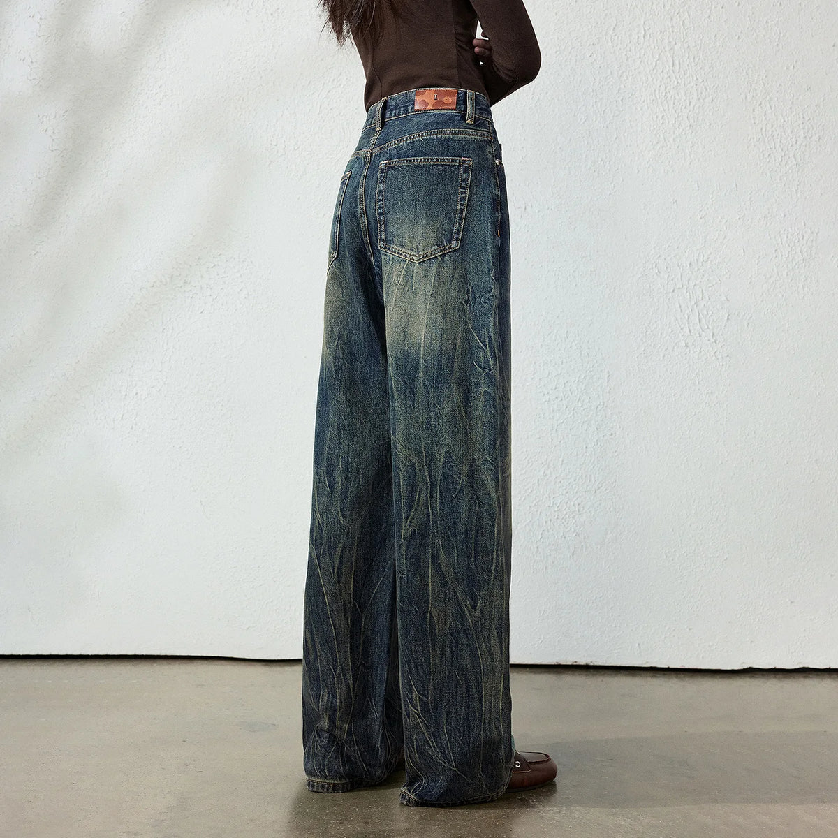 Crackled-Wash Wide-Leg Jeans