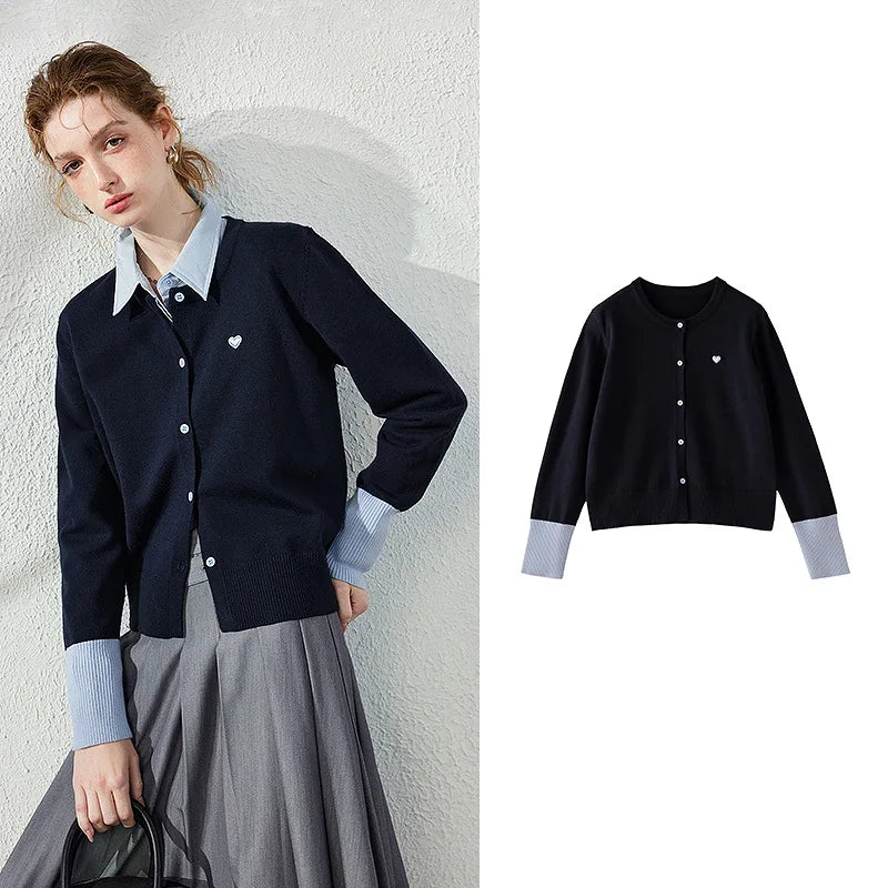 Contrast-Cuff Button-Up Cardigan