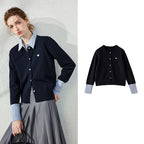 Contrast-Cuff Button-Up Cardigan