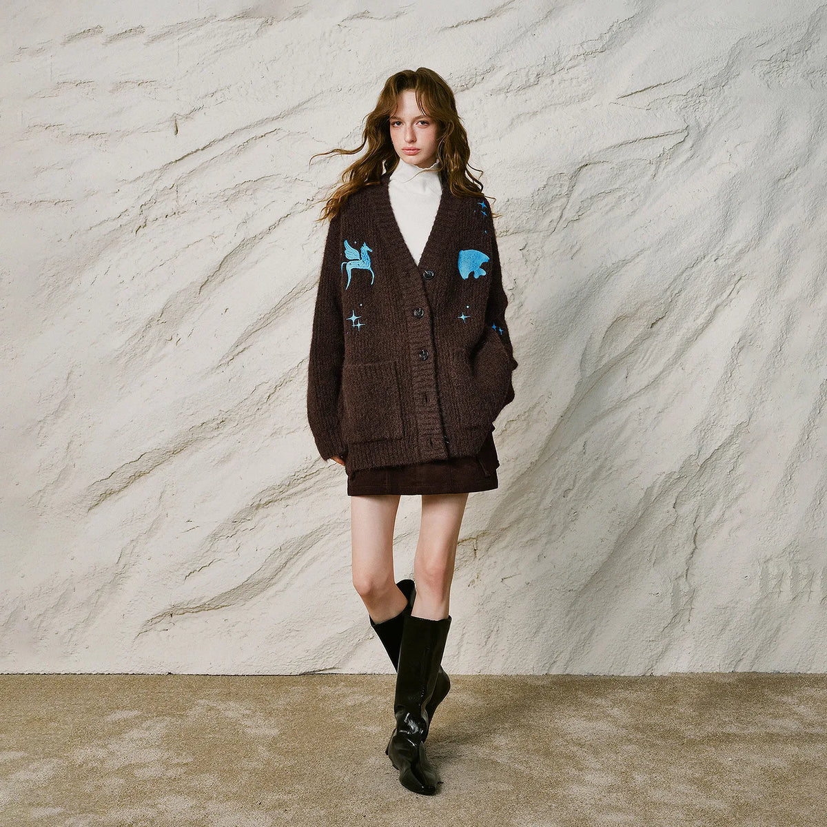 Horse-Motif V-Neck Knit Cardigan