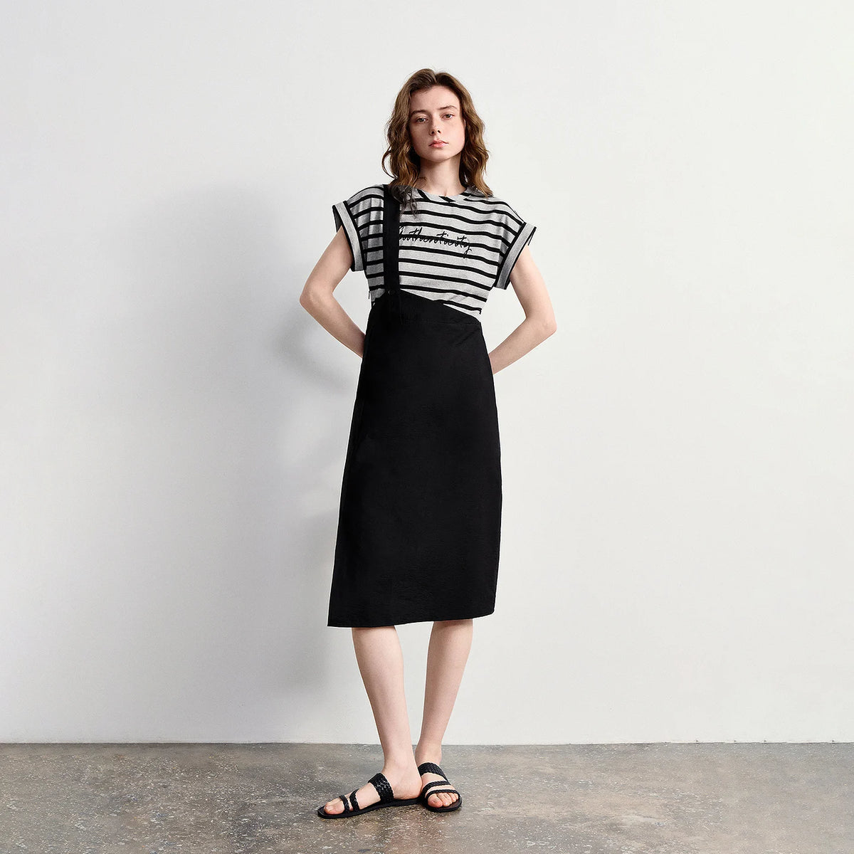 Layered-Look Striped Midi Dress