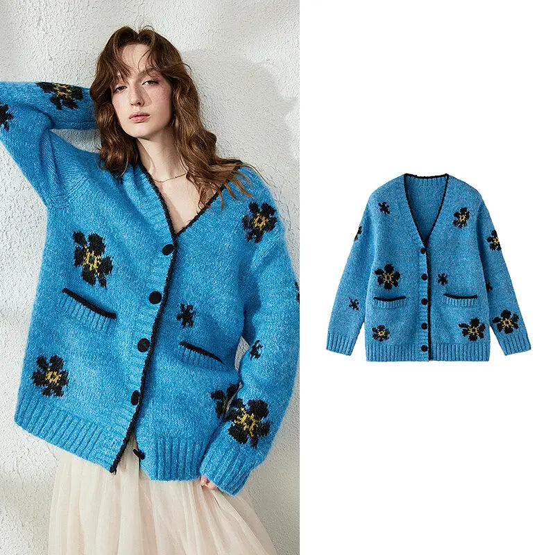 Floral V-Neck Knit Cardigan