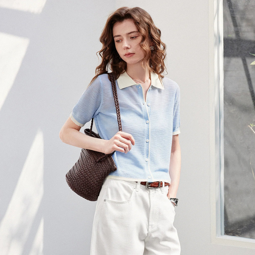 Contrast-Trim Short-Sleeve Knit Cardigan