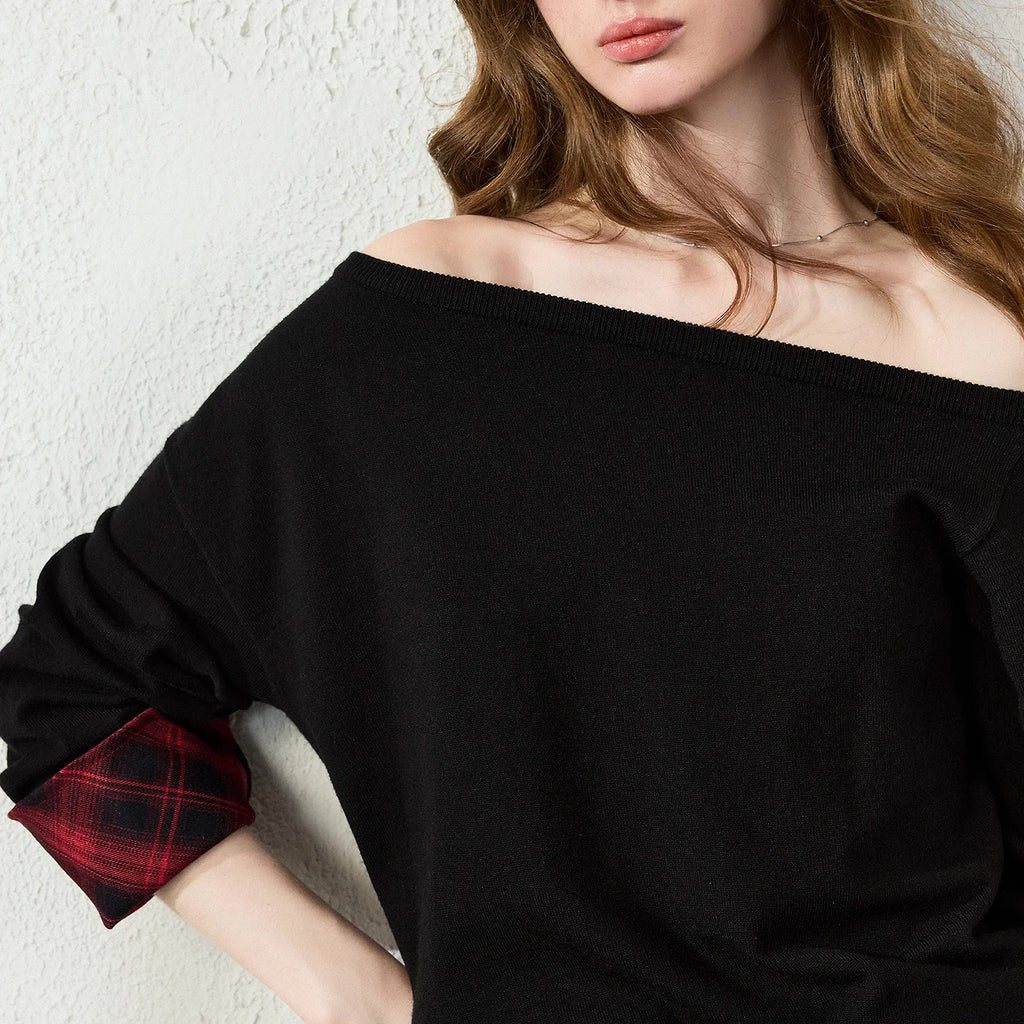 Plaid-Cuff Off-Shoulder Knit Top