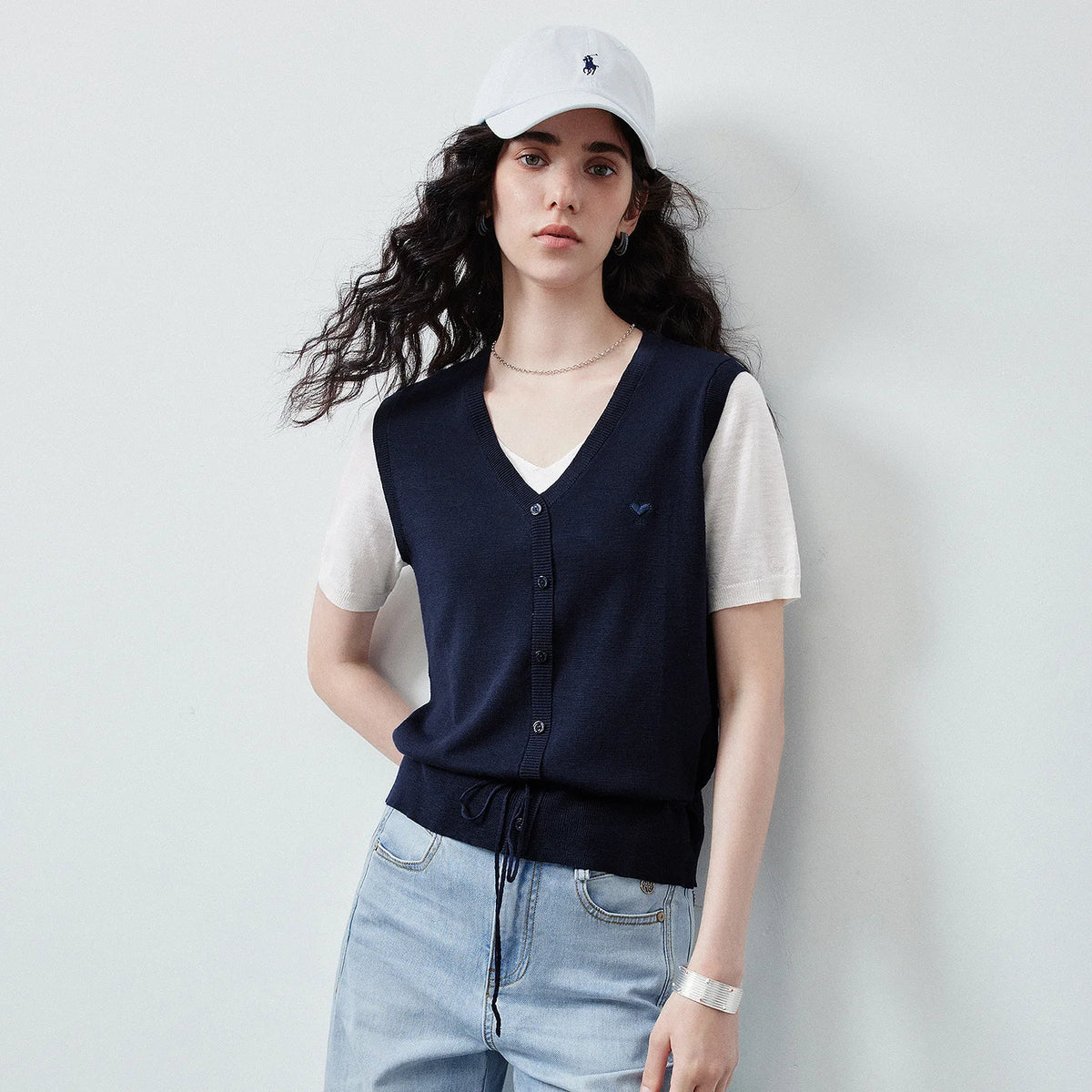 Layered-Look V-Neck Knit Top