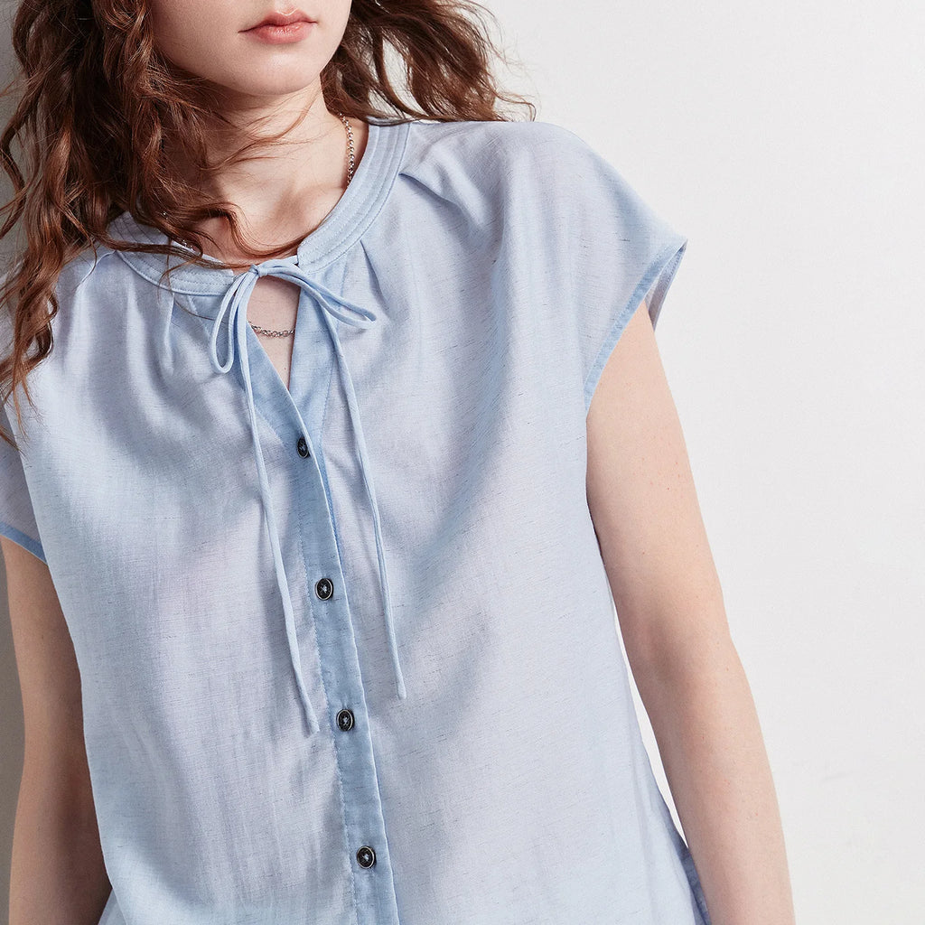Tie-Neck Cap-Sleeve Blouse